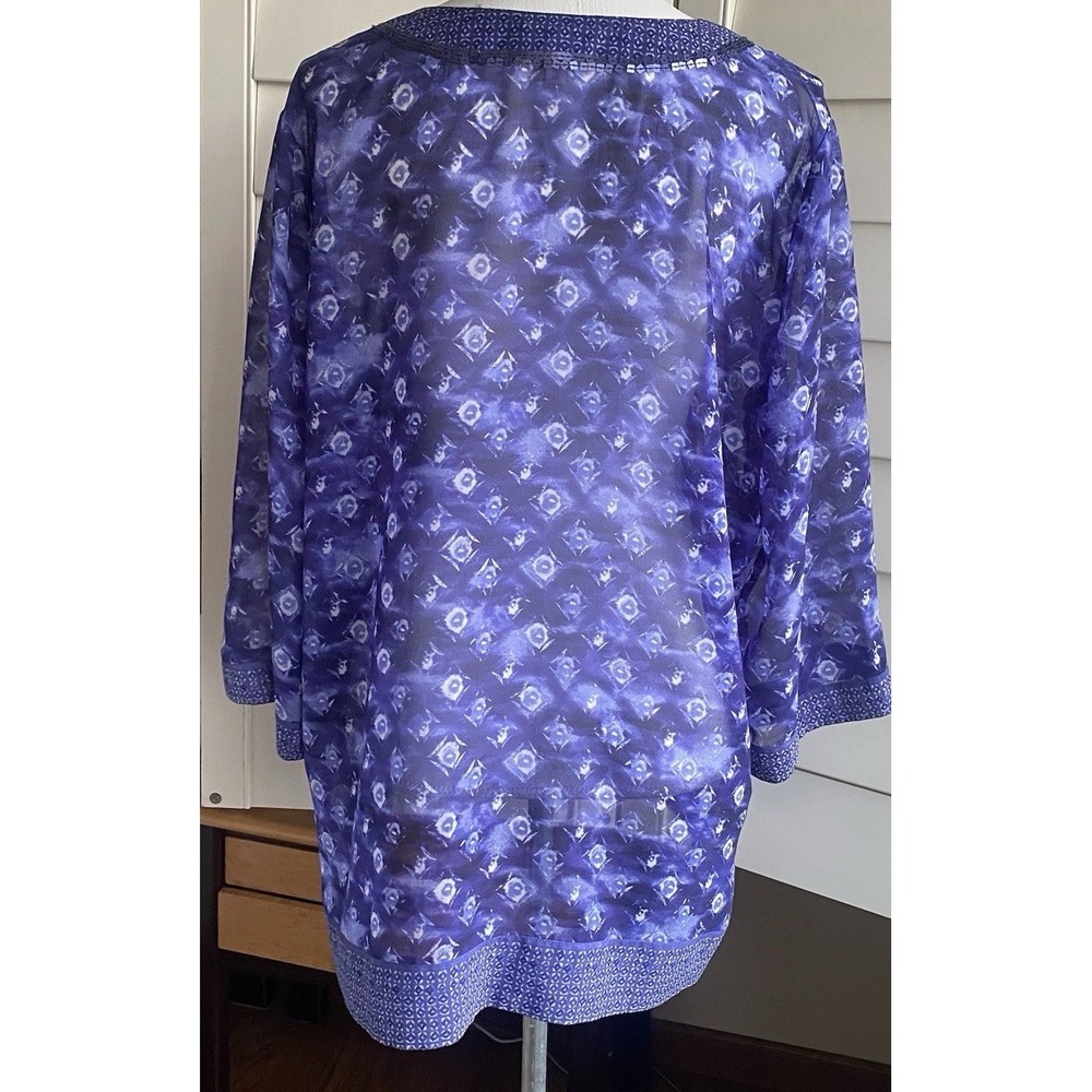 Chicos L Sheer Blue Artsy Sequin V-neck 3/4 Sleeve Tunic Blouse Boho Festival - Picture 7 of 13